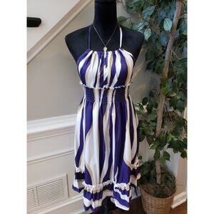 Women's Fit & Flare Dress Medium Blue Empire Waist Ruffle Backless Halter Neck